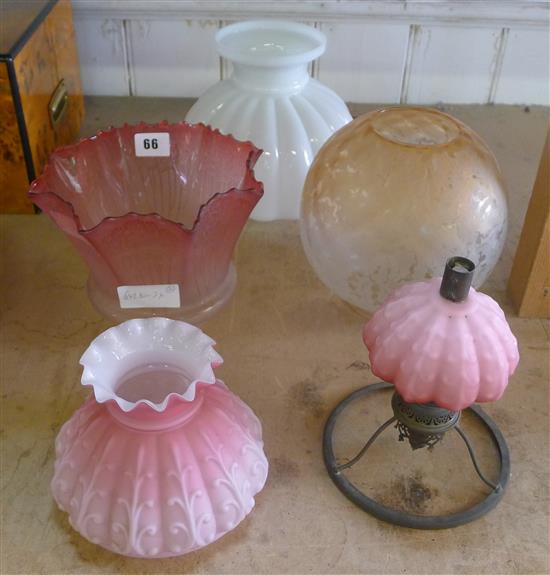 Etched ruby glass shade, 2 other shades and a pink glass oil lamp burner and shade